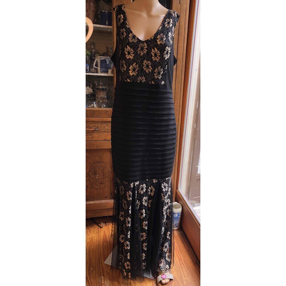 Candolite Black Gold Lace Overlay Maxi Evening Dress Trumpet Hem  Large - Picture 7 of 15